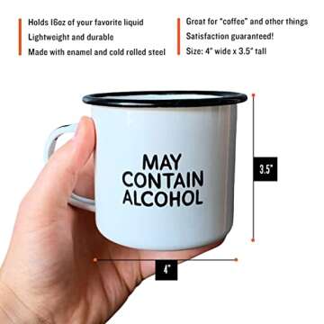 MAY CONTAIN ALCOHOL | Enamel"Coffee" Mug | Sarcastic Gift for Vodka, Gin, Bourbon, Wine and Beer Lovers | Great Office or Camping Cup for Dads, Moms, Campers, Tailgaters, Drinkers, and Travelers