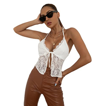 COZYEASE Women's Sexy Lace Hem Tie Backless Crop Top - Perfect for Parties & Outings