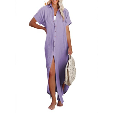 Herseas Womens Summer Beach Button Down Dress Kimonos Long Cardigan Short Sleeve Side Split Casual S...
