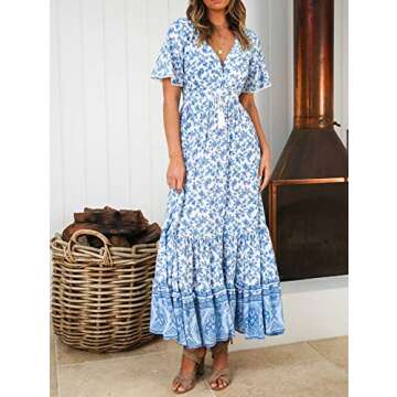 R.Vivimos Womens Summer Cotton Short Sleeve V Neck Floral Print Casual Bohemian Midi Dresses (Large, White)