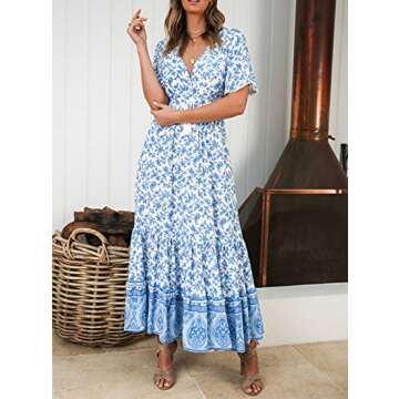 R.Vivimos Womens Summer Cotton Short Sleeve V Neck Floral Print Casual Bohemian Midi Dresses (Large, White)