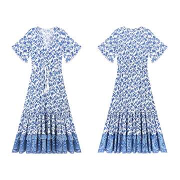 R.Vivimos Womens Summer Cotton Short Sleeve V Neck Floral Print Casual Bohemian Midi Dresses (Large, White)