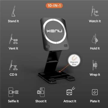 Kenu Stance+ 10-in-1 MagSafe Super Gadget, Magnetic Tripod Stand, Car Vent+Dash+CD Mount, Finger Holder, Airplane Mount, Selfie Stick, More
