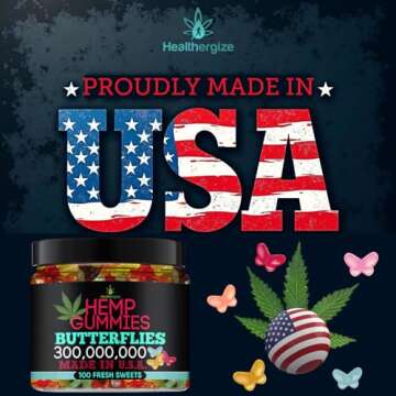 Healthergize Hemp Gummies Premium-Delicious Butterflies Gummy Bear Edibles-Fresh Fruity Flavors-Natural Candy Peace and Relaxation-for Sleep, Calm, Relax-Made in USA-100 Count