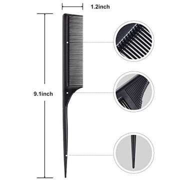 Leinuosen 3 Pack Tail Comb Carbon Fiber Rat Tail Comb Set Heat Resistant Anti Static Styling Tail Comb for Hair Women Back Combing Root Teasing Adding Volume (Black)