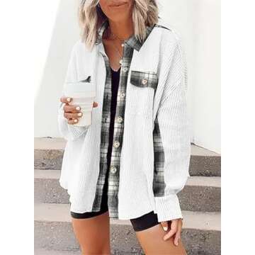 SHEWIN Womens Waffle Knit Plaid Shacket Button Down Shirts Jacket Boyfriend Shirts Long Sleeve Tops ...