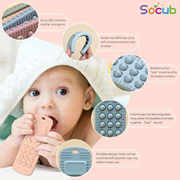 Socub Silicone Baby Teething Toy for Babies 3-12 Months, 2 Pcs Mobile Phone Shape Teether Toys for I...