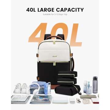 LOVEVOOK Travel Backpack for Women, TSA Carry On Backpack Flight Approved Luggage, 40L Water Resistant Personal Item Daypack Large Weekender Bag fit 17 inch Laptop with 3 Cubes, Beige-black-brown