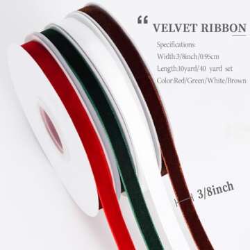 YANGTE 4 Colors Velvet Ribbon Set, 3/8" x 40Yard Premium Velvet Ribbon for Gift Wrapping, Christmas Velvet Ribbon Christmas Tree Velvet Ornaments Handmade Crafts Bow Making（Red,Green,White,Brown）