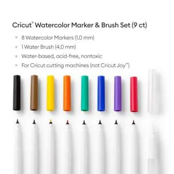 Cricut Watercolor Marker and Brush Set, Add Watercolor Effects with Water Brush (4mm), Non -Toxic Ink, for Use with Cricut Maker and Explore Machines, 8 Assorted Colors, (1mm) Markers