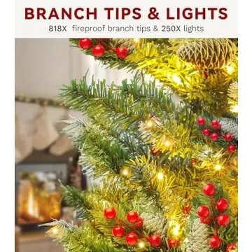 DWVO 6ft Pre-lit Christmas Tree, Pre-Decorated Artificial Christmas Trees for Home, Office, Party with with 818 Flocked Frosted Tips & 250 UL Listed Lights, Pine Cones, Berries