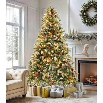 DWVO 6ft Pre-lit Christmas Tree, Pre-Decorated Artificial Christmas Trees for Home, Office, Party with with 818 Flocked Frosted Tips & 250 UL Listed Lights, Pine Cones, Berries
