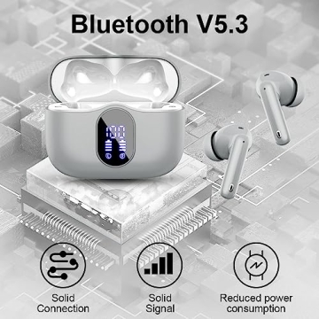 Wireless Earbuds Bluetooth 5.3 Headphones Bass Stereo Ear Buds with Noise Cancelling Mic LED Display in Ear Earphones IP7 Waterproof 36H Playtime for Laptop Pad Phones Sports Workout Grey