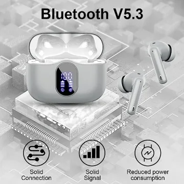 Wireless Earbuds Bluetooth 5.3 Headphones Bass Stereo Ear Buds with Noise Cancelling Mic LED Display in Ear Earphones IP7 Waterproof 36H Playtime for Laptop Pad Phones Sports Workout Grey