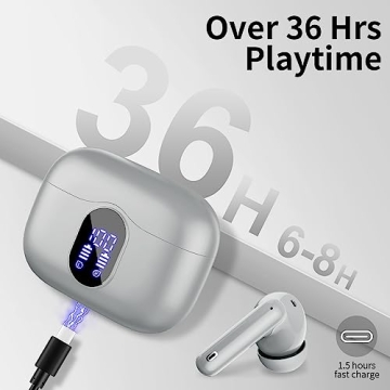 Wireless Earbuds Bluetooth 5.3 Headphones Bass Stereo Ear Buds with Noise Cancelling Mic LED Display in Ear Earphones IP7 Waterproof 36H Playtime for Laptop Pad Phones Sports Workout Grey