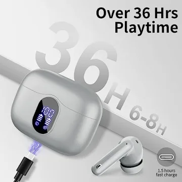 Wireless Earbuds Bluetooth 5.3 Headphones Bass Stereo Ear Buds with Noise Cancelling Mic LED Display in Ear Earphones IP7 Waterproof 36H Playtime for Laptop Pad Phones Sports Workout Grey