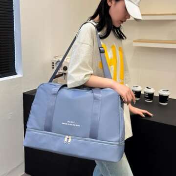Light Gym Bag for Women, Travel Duffel Bag with Shoe Compartment, Weekender Overnight Bag with Wet Pocket for Women, Travel, Gym, Yoga （Blue）