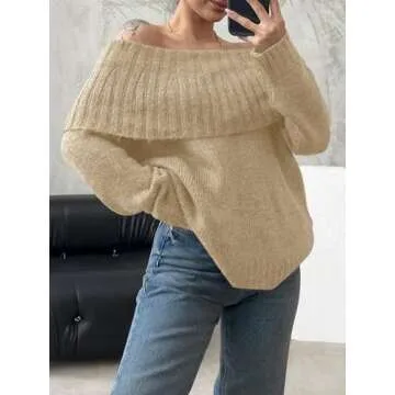 Saodimallsu Womens Off The Shoulder Sweaters Long Sleeve Slouchy Knitted Casual Loose Fall Trendy Pullover Tops Khaki