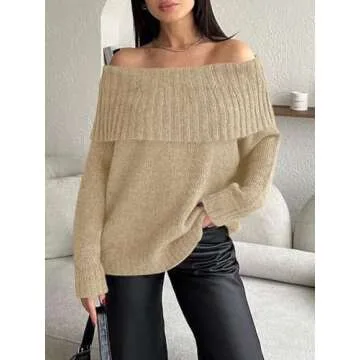 Saodimallsu Womens Off The Shoulder Sweaters Long Sleeve Slouchy Knitted Casual Loose Fall Trendy Pullover Tops Khaki