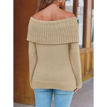 Saodimallsu Womens Off The Shoulder Sweaters Long Sleeve Slouchy Knitted Casual Loose Fall Trendy Pullover Tops Khaki