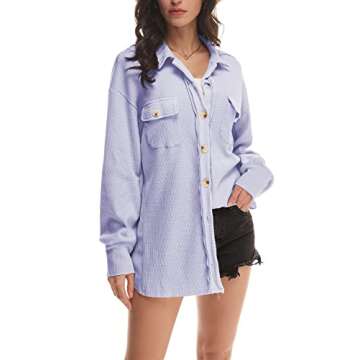 Nirovien Womens Waffle Knit Shacket Oversized Button Down Shirt Jacket Lightweight Spring Outfits Clothes(Light Purple,S)