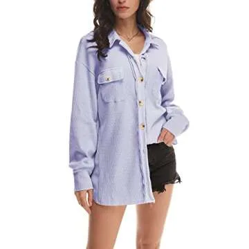 Nirovien Womens Waffle Knit Shacket Oversized Button Down Shirt Jacket Lightweight Spring Outfits Clothes(Light Purple,S)