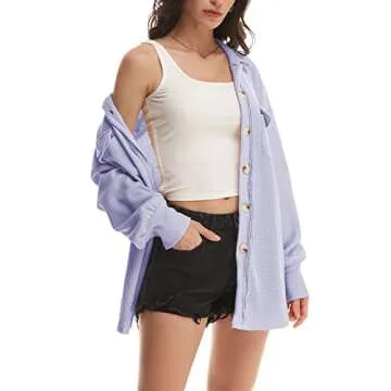 Nirovien Womens Waffle Knit Shacket Oversized Button Down Shirt Jacket Lightweight Spring Outfits Clothes(Light Purple,S)