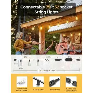 XMCOSY+ Outdoor String Lights 75Ft Smart Patio Lights, 32 ST38 Edison Bulbs, APP WiFi Control, Compatible with Alexa, 2200K, Waterproof Dimmable LED String Lights for Outside Patio Porch Yard