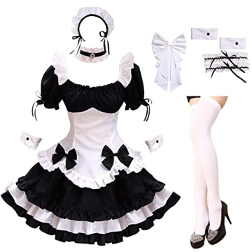 GRAJTCIN Womens Anime French Maid Outfit Lolita Cosplay Dress Halloween Queen Princess Costume with ...