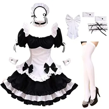 GRAJTCIN Women's Anime French Maid Outfit Lolita Cosplay Dress Halloween Queen Costume with Socks