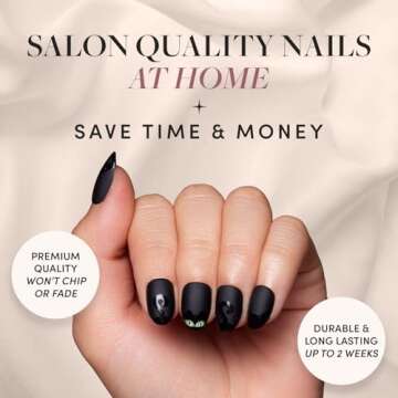 Glamnetic Press On Nails - Nine Lives | Opaque Matte Black Glossy Tip Cat Graphic Short Oval False H...
