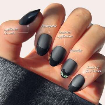 Glamnetic Press On Nails - Nine Lives | Opaque Matte Black Glossy Tip Cat Graphic Short Oval False Halloween Nails, Reusable Stick On Fake Nails with Glue | Salon Quality | 15 Sizes - 30 Nail Kit