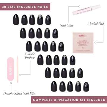 Glamnetic Press On Nails - Nine Lives | Opaque Matte Black Glossy Tip Cat Graphic Short Oval False Halloween Nails, Reusable Stick On Fake Nails with Glue | Salon Quality | 15 Sizes - 30 Nail Kit