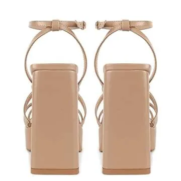 ISNOM Platform Heels for Women Nude Heels for Women Chunky Platform Heels Nude Chunky Heels for Women Nude Strappy Heels High Heels Block Heel Sandals for Women Square Toe Heels for Women