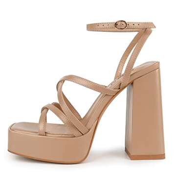ISNOM Platform Heels for Women Nude Heels for Women Chunky Platform Heels Nude Chunky Heels for Women Nude Strappy Heels High Heels Block Heel Sandals for Women Square Toe Heels for Women