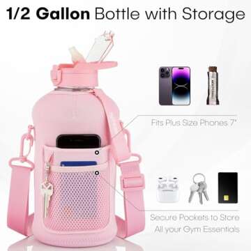 HYDRARANK Half Gallon Water Bottle with Storage Sleeve and Straw Lid - BPA Free Large Gym Water Bottles for Women - Leak Proof - Reusable Pink Water Jug with Strap, Handle (74 Ounce)