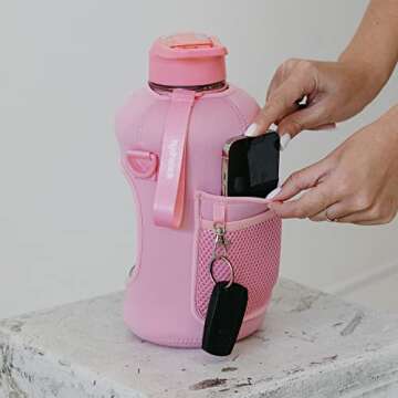 HYDRARANK Half Gallon Water Bottle with Storage Sleeve and Straw Lid - BPA Free Large Gym Water Bottles for Women - Leak Proof - Reusable Pink Water Jug with Strap, Handle (74 Ounce)