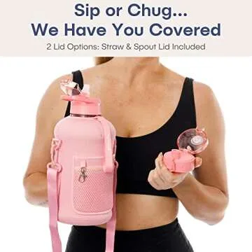HYDRARANK Half Gallon Water Bottle with Storage Sleeve and Straw Lid - BPA Free Large Gym Water Bottles for Women - Leak Proof - Reusable Pink Water Jug with Strap, Handle (74 Ounce)
