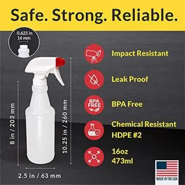 Pinnacle Mercantile Plastic Spray Bottles USA Made 4 Pack 16 Oz Heavy Duty No Leak Empty Refillable Spray Bottle Mist Stream for Cleaning Solutions, Plant, Hair, Bleach, Vinegar, Alcohol Safe
