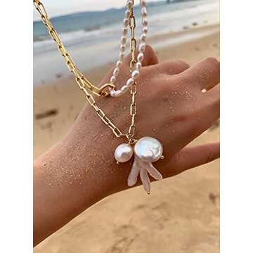 Thin Gold Chain Link Choker Necklaces, Dainty Double Layers Stitching Necklace Mini Pearls Choker Necklaces for Mother's Day Gift