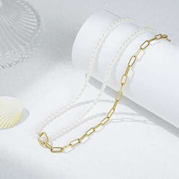 Thin Gold Chain Link Choker Necklaces, Dainty Double Layers Stitching Necklace Mini Pearls Choker Necklaces for Mother's Day Gift