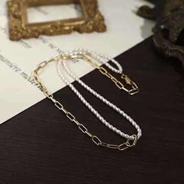 Thin Gold Chain Link Choker Necklaces, Dainty Double Layers Stitching Necklace Mini Pearls Choker Necklaces for Mother's Day Gift