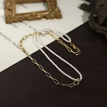 Thin Gold Chain Link Choker Necklaces, Dainty Double Layers Stitching Necklace Mini Pearls Choker Necklaces for Mother's Day Gift