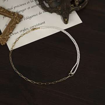 Thin Gold Chain Link Choker Necklaces, Dainty Double Layers Stitching Necklace Mini Pearls Choker Necklaces for Mother's Day Gift