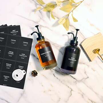 Glass Coffee Syrup Dispenser with 84 Syrup Labels (Set of 2), Fancy Pump Dispenser for Coffee Bar Ac...