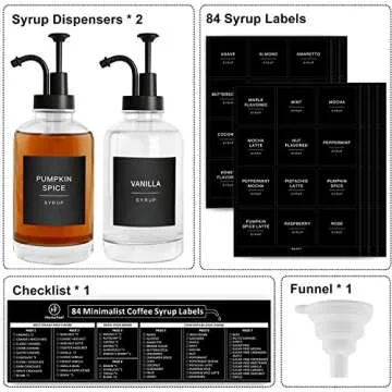 Glass Coffee Syrup Dispenser with 84 Syrup Labels (Set of 2), Fancy Pump Dispenser for Coffee Bar Accessories, 16.9 oz, Black Labels