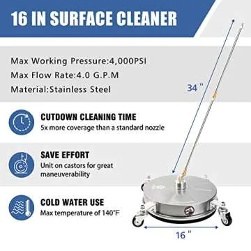 JANZ 16" Pressure Washer Surface Cleaner with 4 Wheels, Stainless Steel Housing, 1/4" Quick Plug, 2 ...