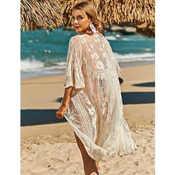 Romanstii Women's Lace Cardigan Floral Crochet Sheer Beach Cover Ups Long Kimono(Beige,One Size)