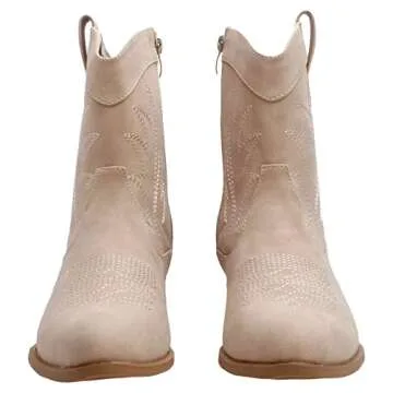 PEPPEP Western Cowgirl Cowboy Ankle Boots for Women or Ladies, Mid Calf, Vegan Leather Embroidered Upper, Low Heel, Pointed-toe (9, Tan)
