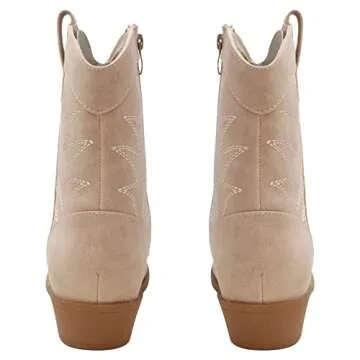 PEPPEP Western Cowgirl Cowboy Ankle Boots for Women or Ladies, Mid Calf, Vegan Leather Embroidered Upper, Low Heel, Pointed-toe (9, Tan)